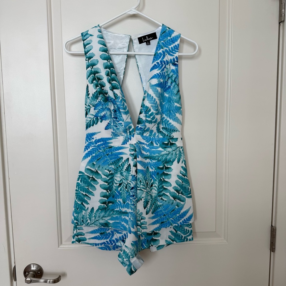 Lulu's Blue and White Leaves Romper